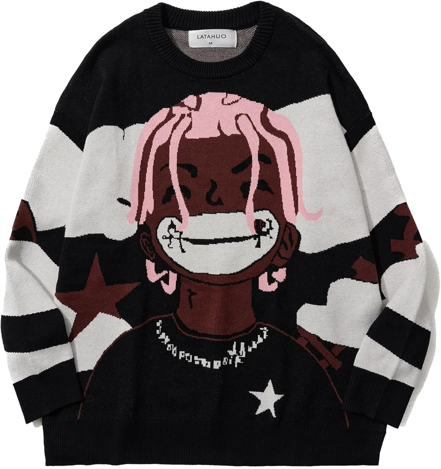 Long Sleeve Crewneck Anime Rapper Knit Sweater Harajuku Hip Hop Rap Vintage Knitted Sweater Streetwear