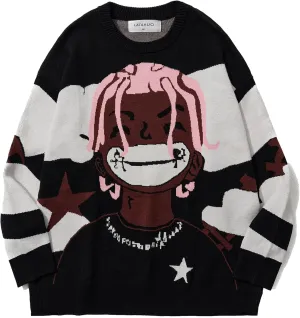 Long Sleeve Crewneck Anime Rapper Knit Sweater Harajuku Hip Hop Rap Vintage Knitted Sweater Streetwear