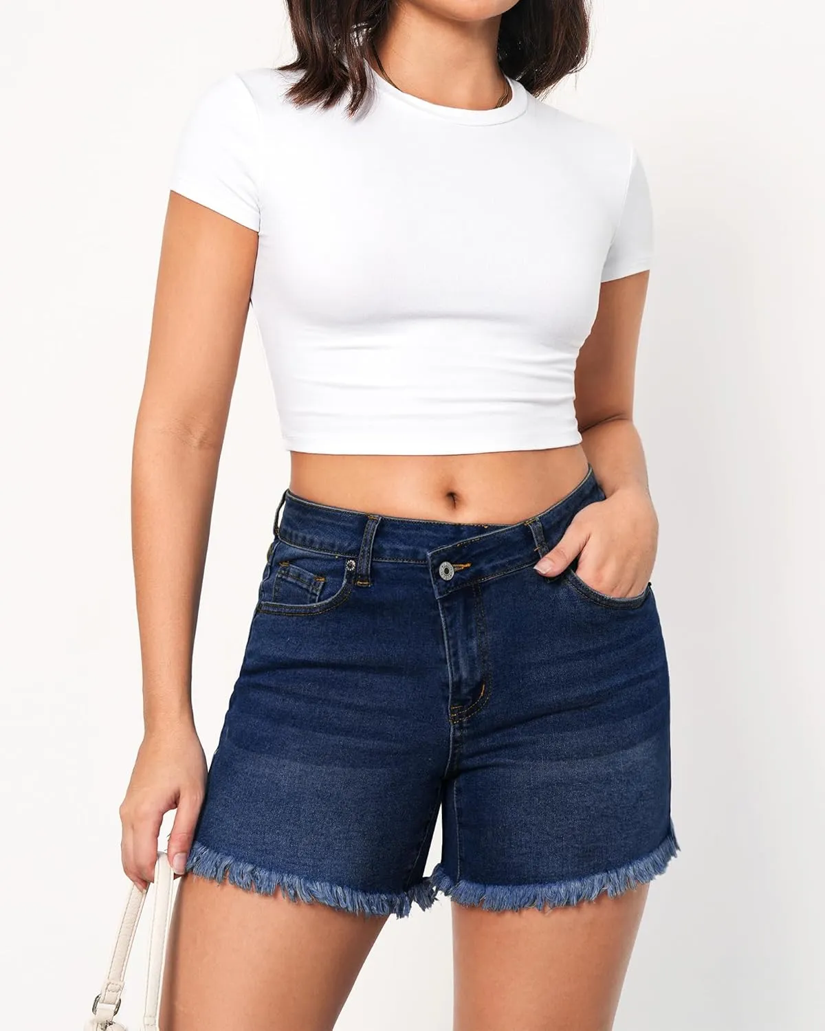 LookbookStore Jean Shorts for Women Low Waisted Stretchy Crossover Waist Denim Shorts Raw Hem