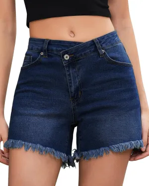 LookbookStore Jean Shorts for Women Low Waisted Stretchy Crossover Waist Denim Shorts Raw Hem