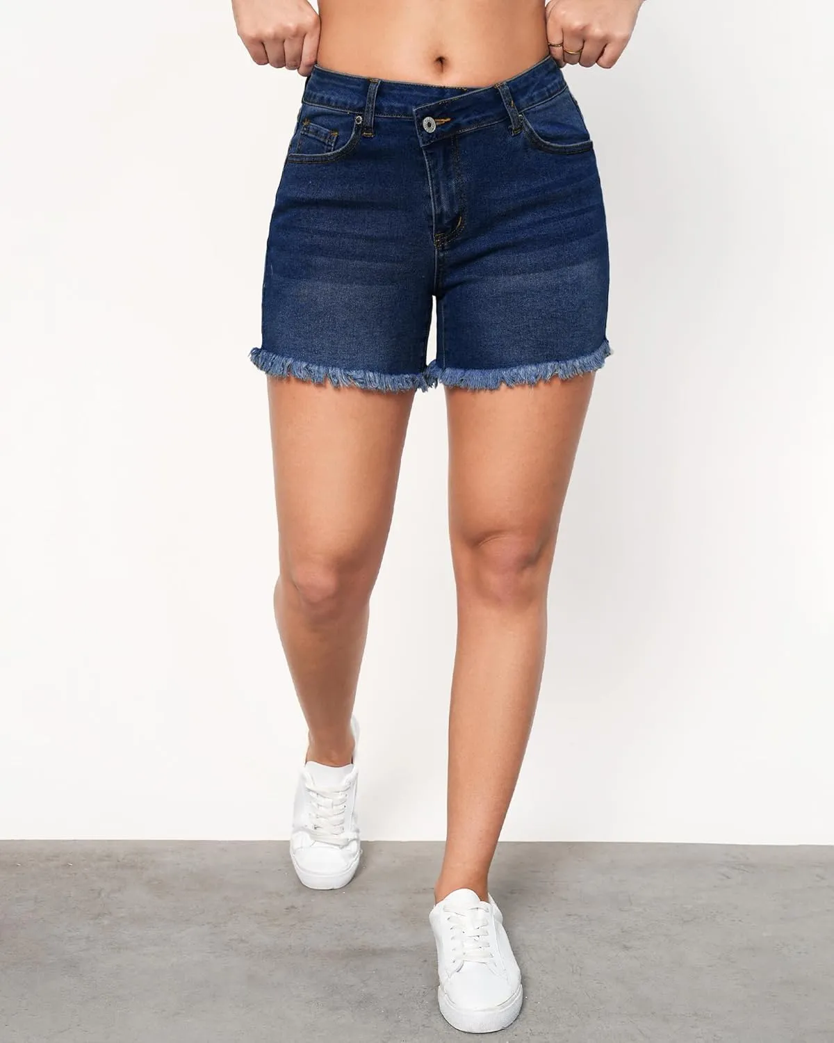 LookbookStore Jean Shorts for Women Low Waisted Stretchy Crossover Waist Denim Shorts Raw Hem