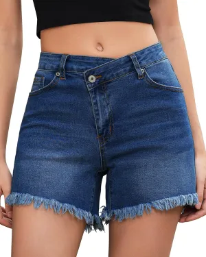 LookbookStore Jean Shorts for Women Low Waisted Stretchy Crossover Waist Denim Shorts Raw Hem