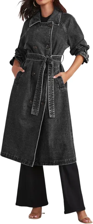 loveimgs Women Denim Trench Coat Long Jean Jacket Trendy Double Breasted Duster Coat Western Denim Cardigan Belt