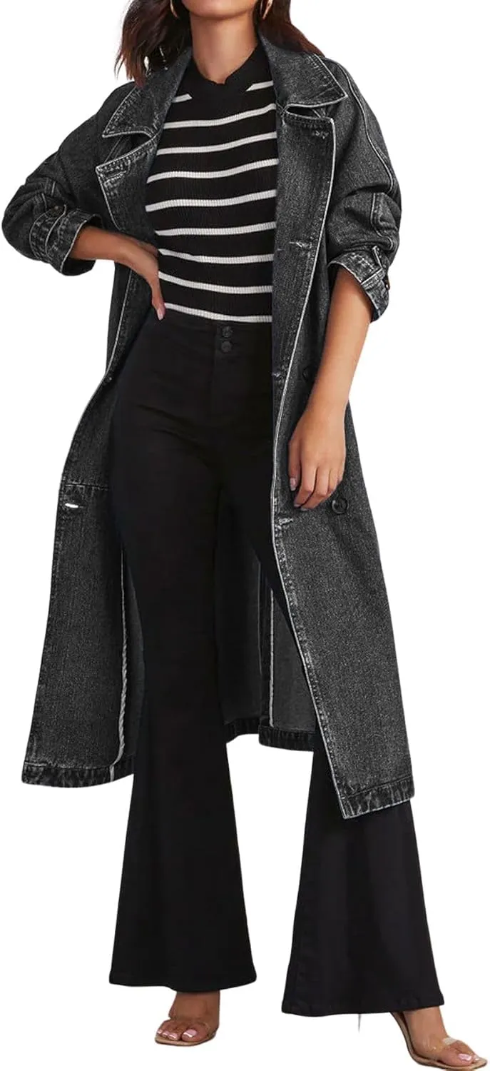 loveimgs Women Denim Trench Coat Long Jean Jacket Trendy Double Breasted Duster Coat Western Denim Cardigan Belt