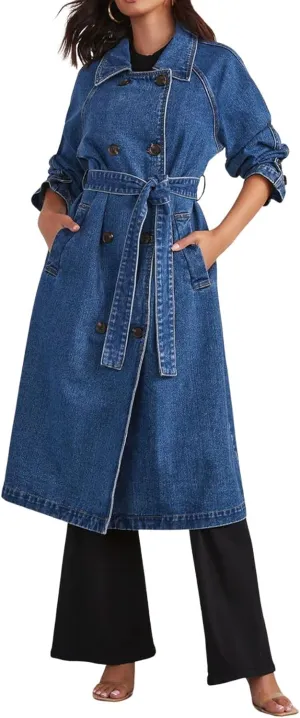 loveimgs Women Denim Trench Coat Long Jean Jacket Trendy Double Breasted Duster Coat Western Denim Cardigan Belt