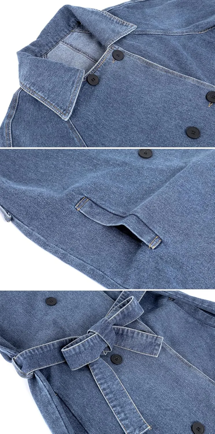 loveimgs Women Denim Trench Coat Long Jean Jacket Trendy Double Breasted Duster Coat Western Denim Cardigan Belt