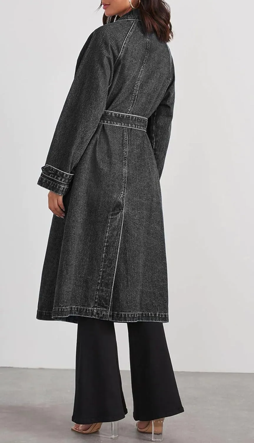 loveimgs Women Denim Trench Coat Long Jean Jacket Trendy Double Breasted Duster Coat Western Denim Cardigan Belt
