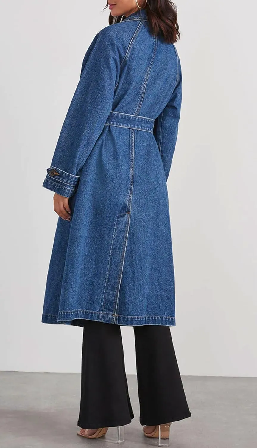 loveimgs Women Denim Trench Coat Long Jean Jacket Trendy Double Breasted Duster Coat Western Denim Cardigan Belt