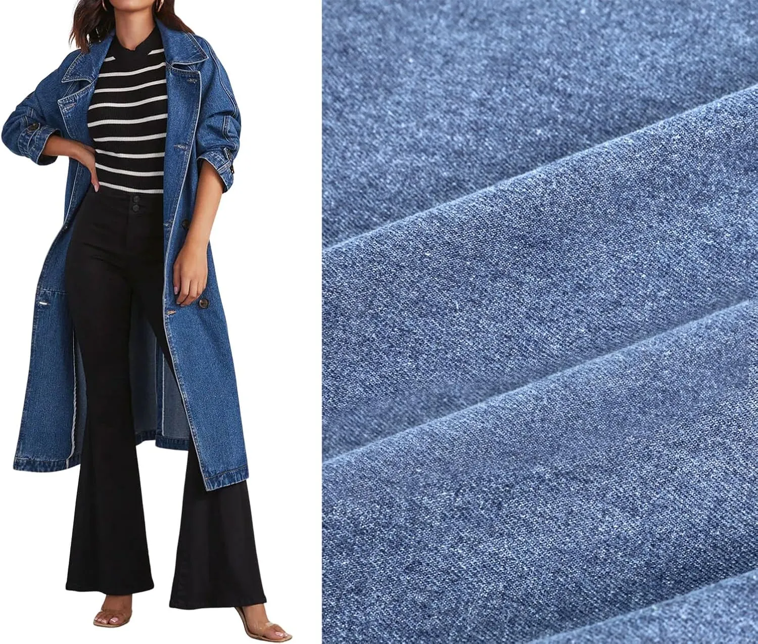 loveimgs Women Denim Trench Coat Long Jean Jacket Trendy Double Breasted Duster Coat Western Denim Cardigan Belt