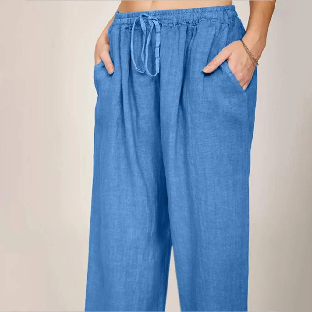 LRMQS Womens Pants Casual Trendy 2024 Spring Drawstring Loose Fit Trouser Lounge Beach Straight Linen Wide Leg Palazzo Outfit