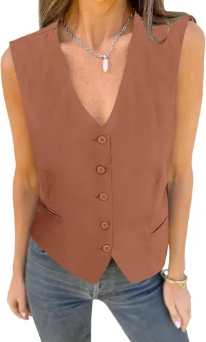 luvamia Womens Vests Linen Fashion Dressy Casual Lightweight Button Down Sleeveless Blazer Lined Work Waistcoat Vest Top