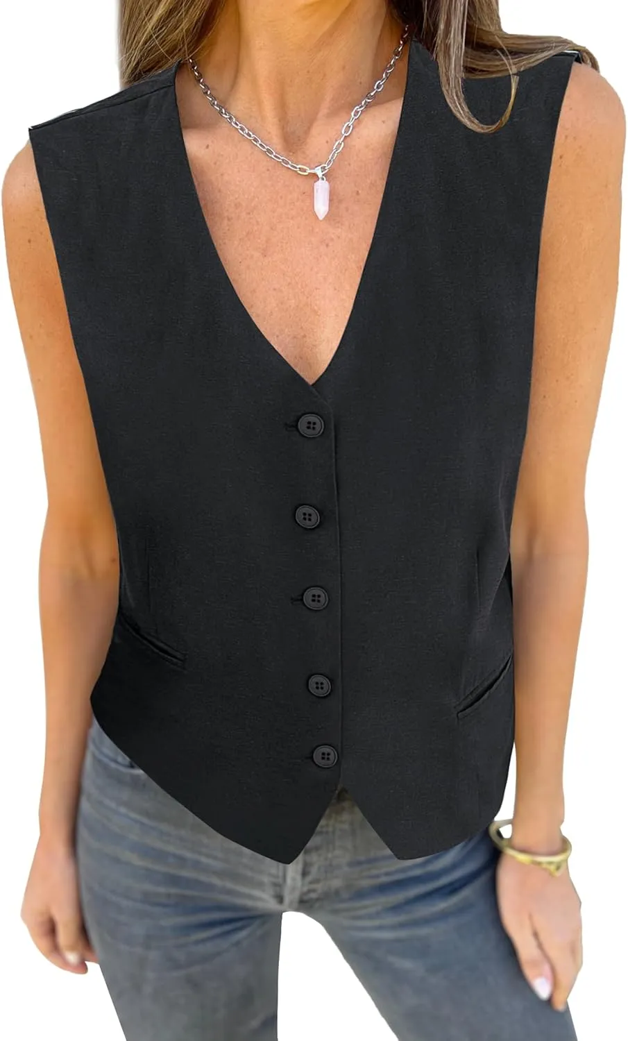 luvamia Womens Vests Linen Fashion Dressy Casual Lightweight Button Down Sleeveless Blazer Lined Work Waistcoat Vest Top