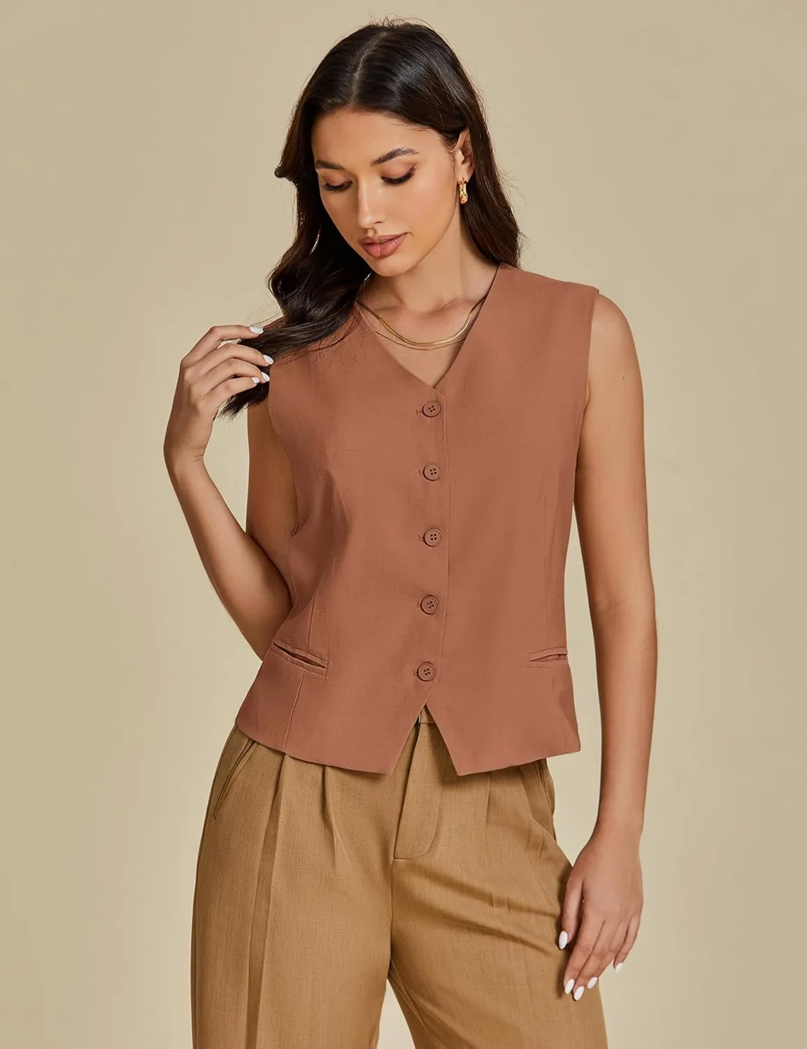 luvamia Womens Vests Linen Fashion Dressy Casual Lightweight Button Down Sleeveless Blazer Lined Work Waistcoat Vest Top