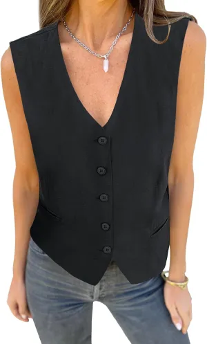 luvamia Womens Vests Linen Fashion Dressy Casual Lightweight Button Down Sleeveless Blazer Lined Work Waistcoat Vest Top