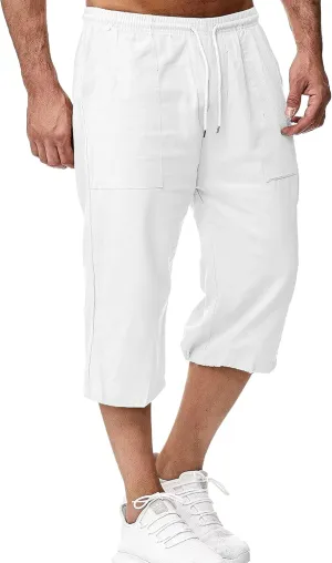 LVCBL Mens Linen Shorts Men Casual Capri Pant Summer Beach Yoga Shorts with Pockets