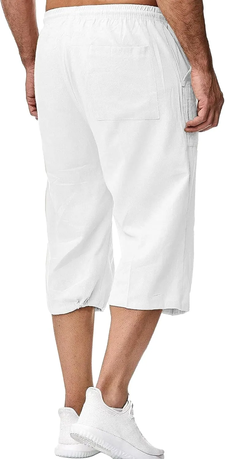 LVCBL Mens Linen Shorts Men Casual Capri Pant Summer Beach Yoga Shorts with Pockets