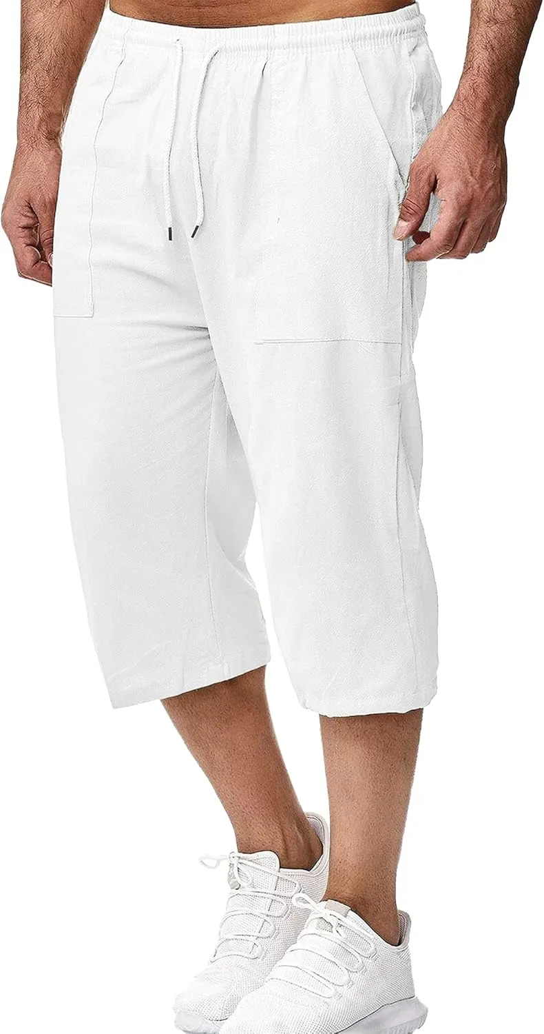 LVCBL Mens Linen Shorts Men Casual Capri Pant Summer Beach Yoga Shorts with Pockets