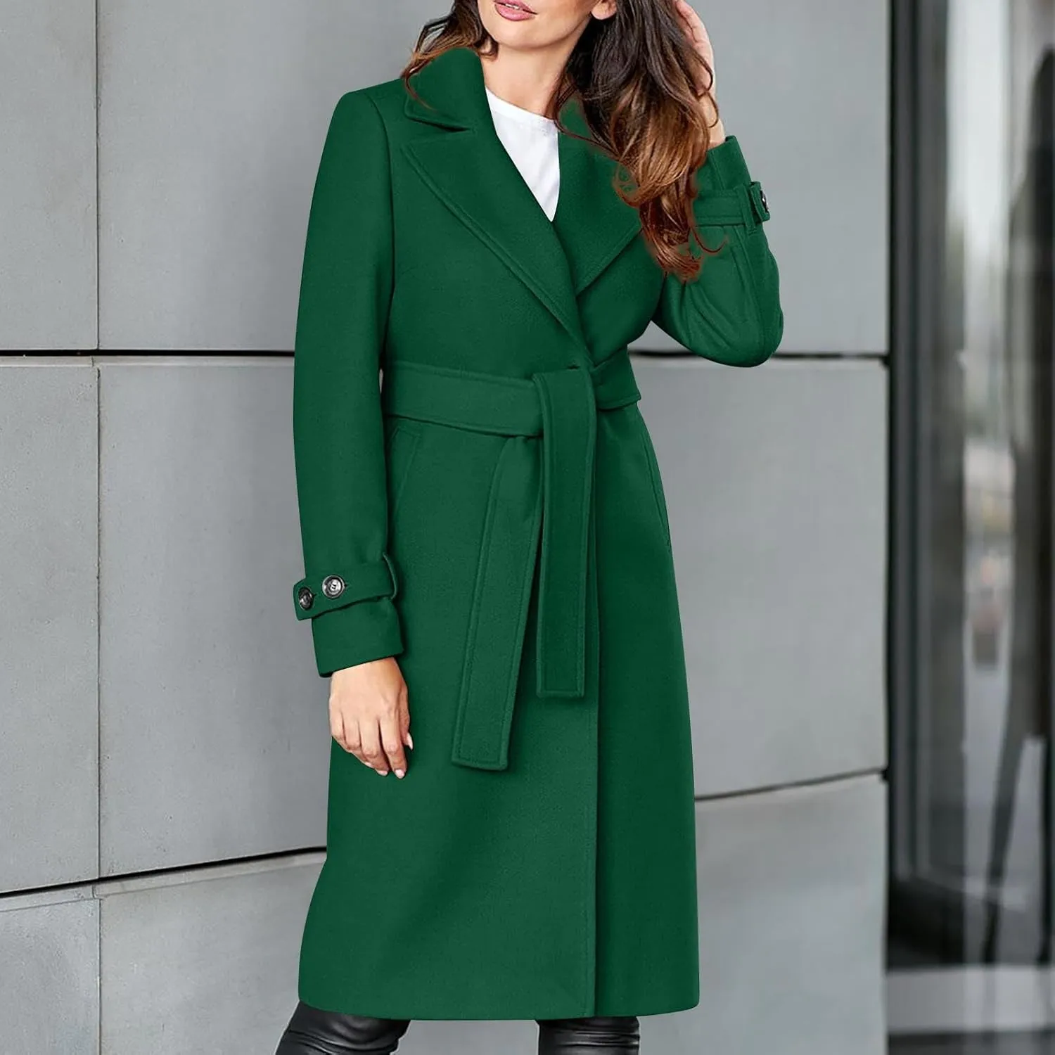 maisdgop Trench Coat for Women Winter Lapel Woolen Cloth Peacoats Open Front Windbreaker Long Sleeve Overcoat with Pockets