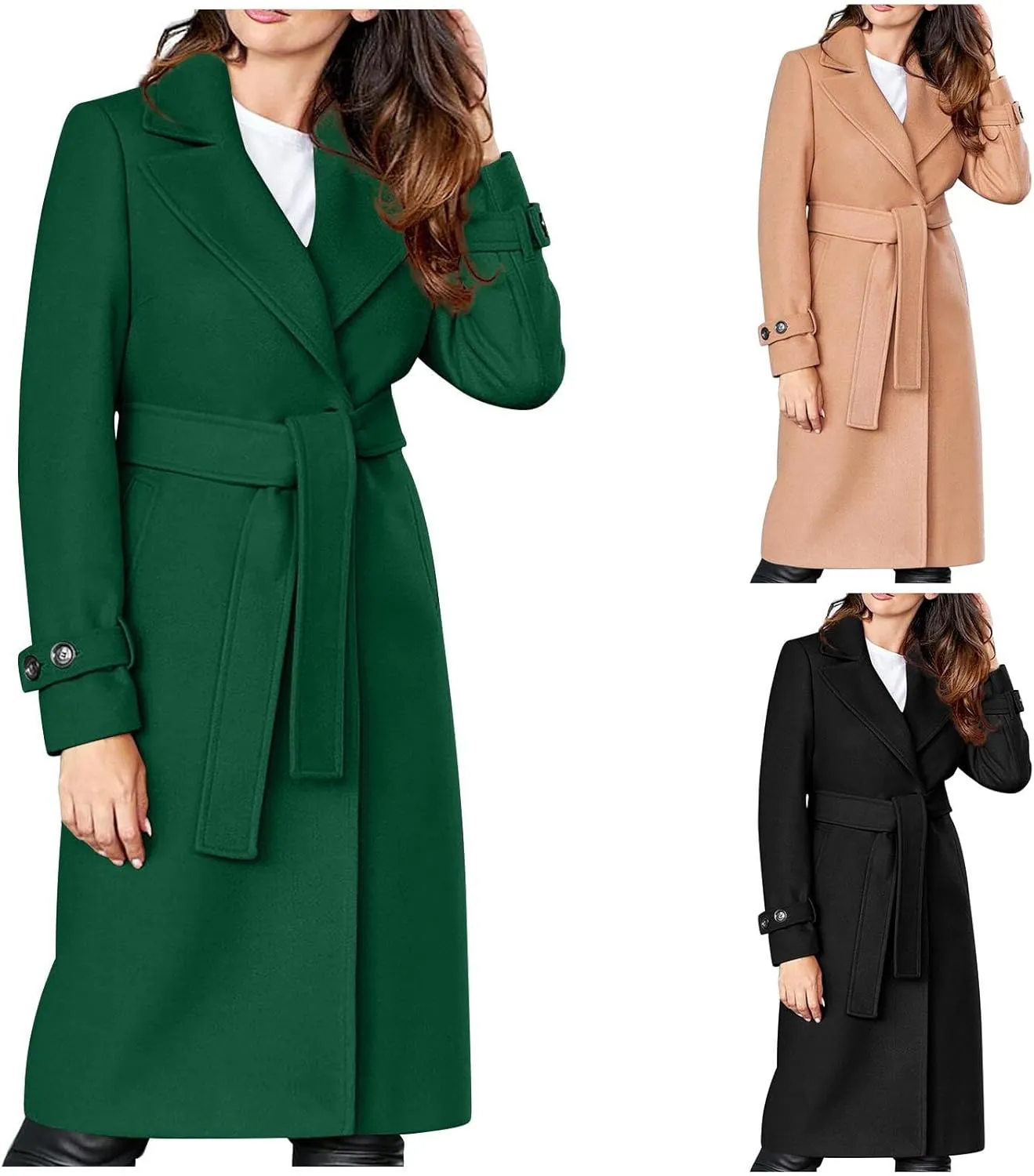 maisdgop Trench Coat for Women Winter Lapel Woolen Cloth Peacoats Open Front Windbreaker Long Sleeve Overcoat with Pockets