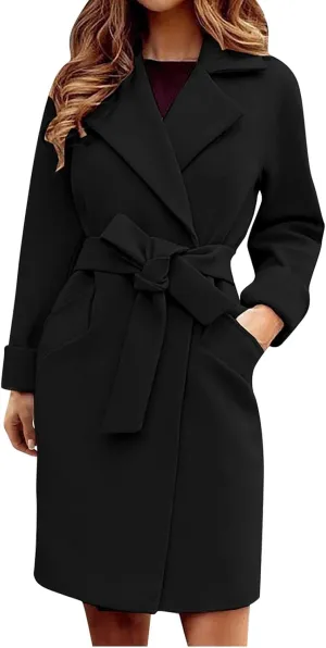 maisdgop Trench Coat for Women Winter Lapel Woolen Cloth Peacoats Open Front Windbreaker Long Sleeve Overcoat with Pockets