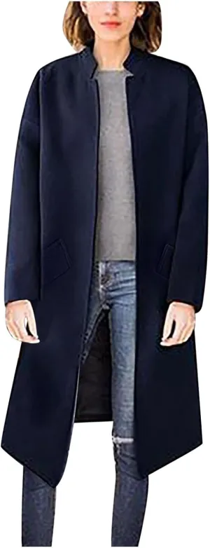 maisdgop Winter Coats for Women Long Sleeve Lapel Trench Coat Trendy Double Breasted Open Front Woolen Cloth Windbreaker