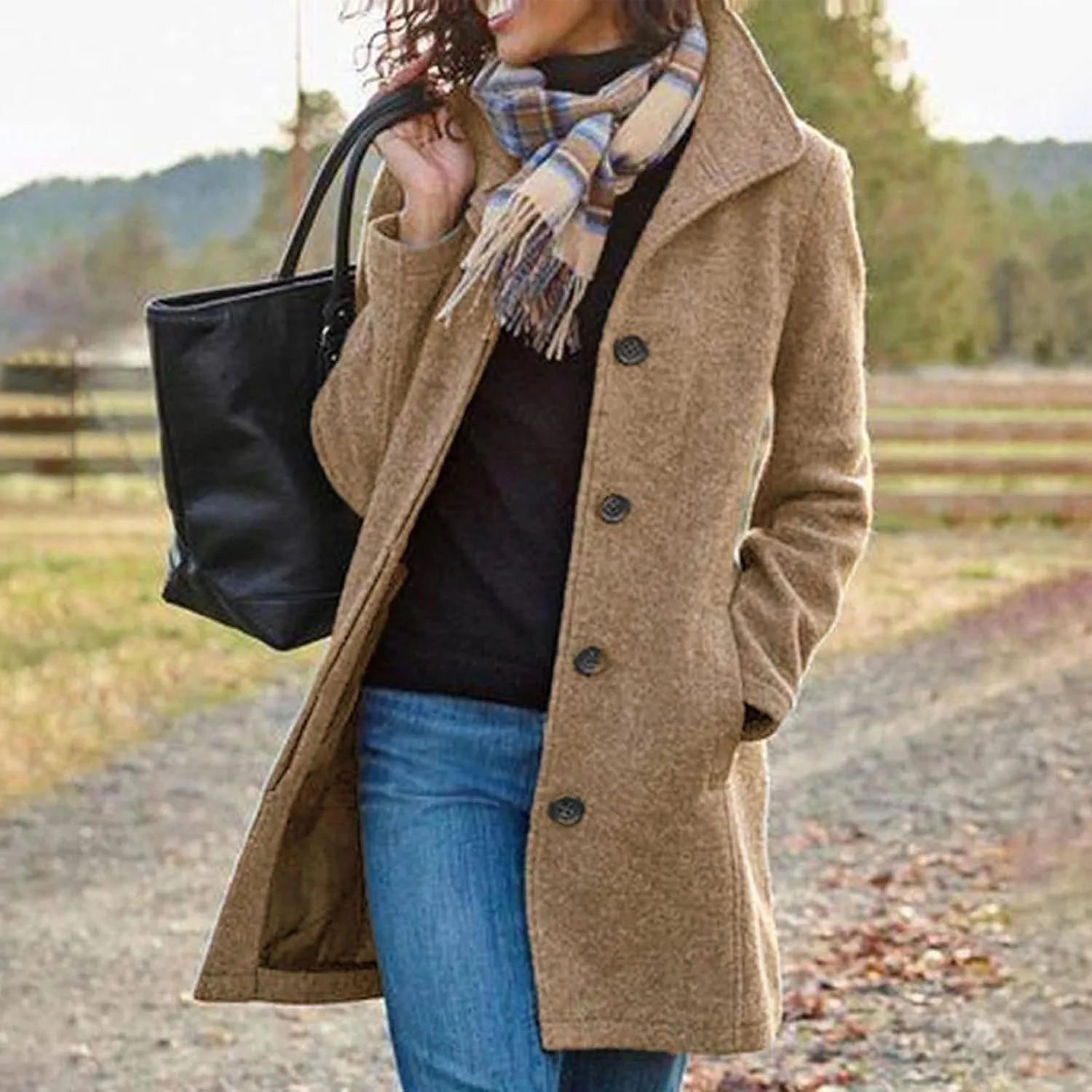 maisdgop Winter Trench Coat for Women Long Sleeve Woolen Cloth Windbreaker Solid Button down Jacket Fashion Lapel Pea Coats