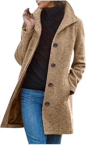 maisdgop Winter Trench Coat for Women Long Sleeve Woolen Cloth Windbreaker Solid Button down Jacket Fashion Lapel Pea Coats