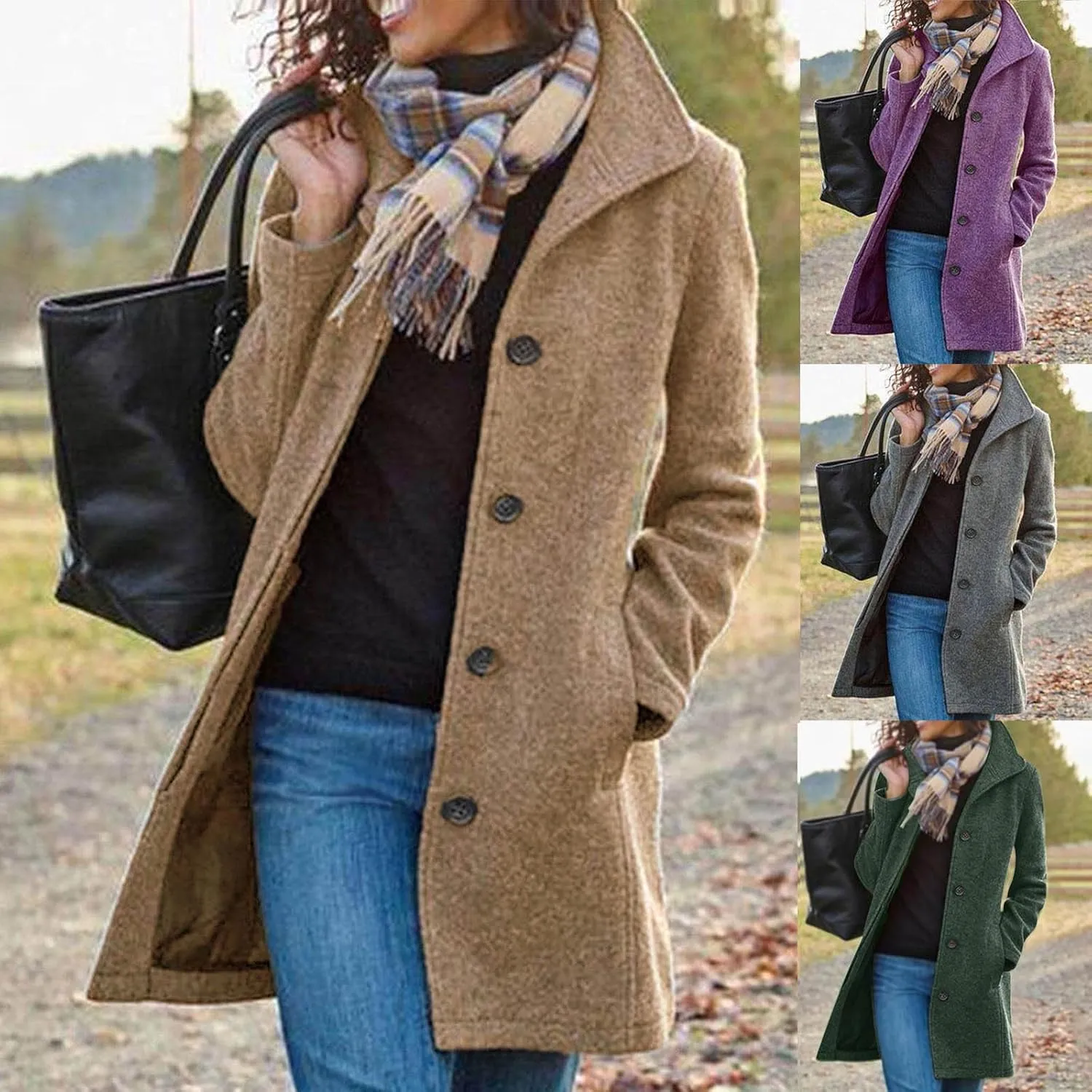 maisdgop Winter Trench Coat for Women Long Sleeve Woolen Cloth Windbreaker Solid Button down Jacket Fashion Lapel Pea Coats