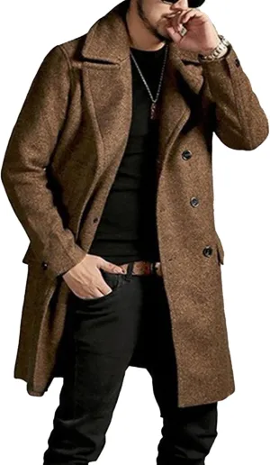 Maiyifu-GJ Long Wool Blend Overcoat for Men Notched Collar Double Breasted Coat Classic Warm Winter Slim Fit Trench Coats