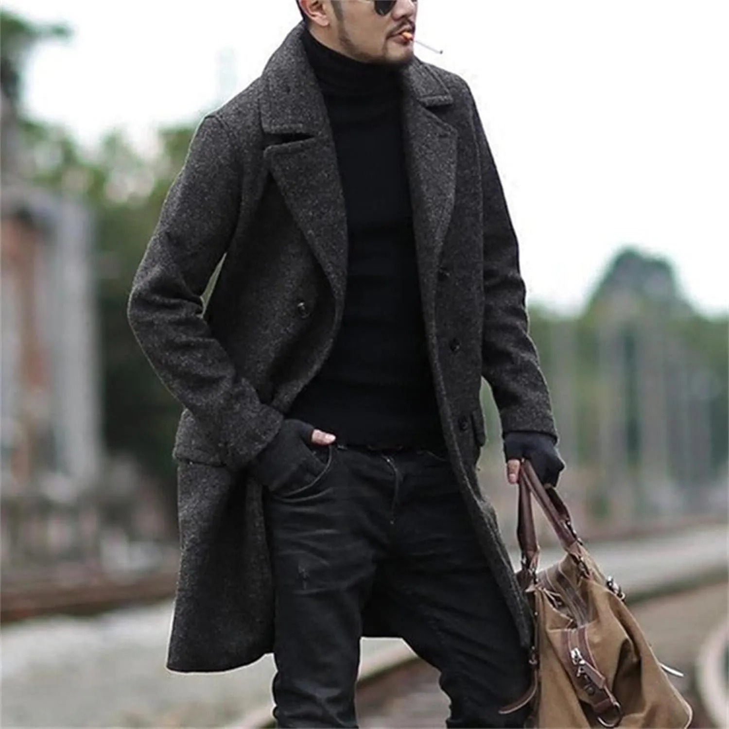 Maiyifu-GJ Long Wool Blend Overcoat for Men Notched Collar Double Breasted Coat Classic Warm Winter Slim Fit Trench Coats