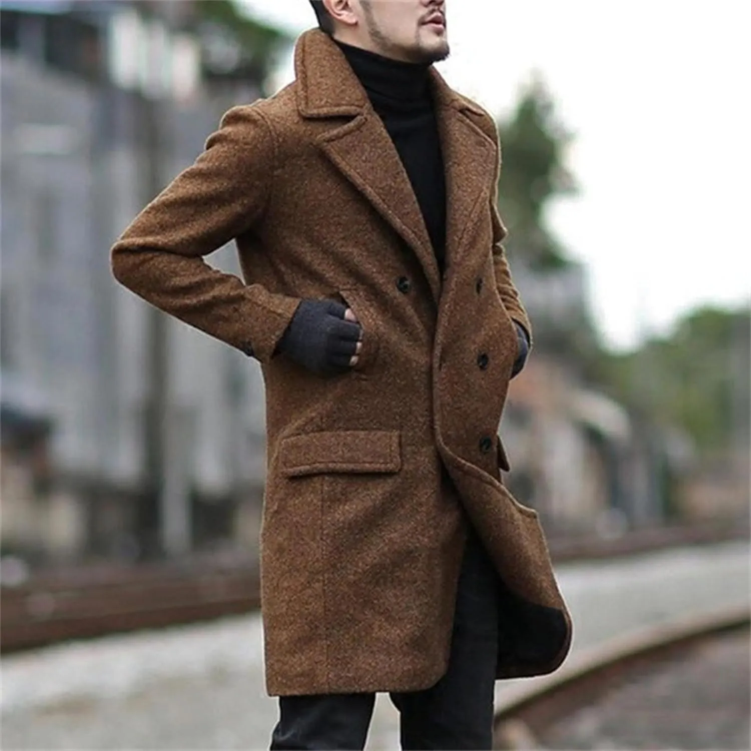 Maiyifu-GJ Long Wool Blend Overcoat for Men Notched Collar Double Breasted Coat Classic Warm Winter Slim Fit Trench Coats