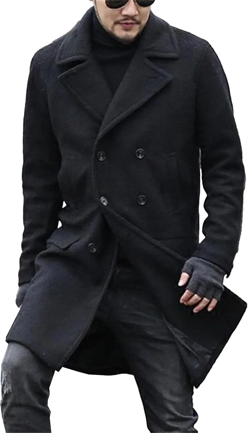 Maiyifu-GJ Long Wool Blend Overcoat for Men Notched Collar Double Breasted Coat Classic Warm Winter Slim Fit Trench Coats