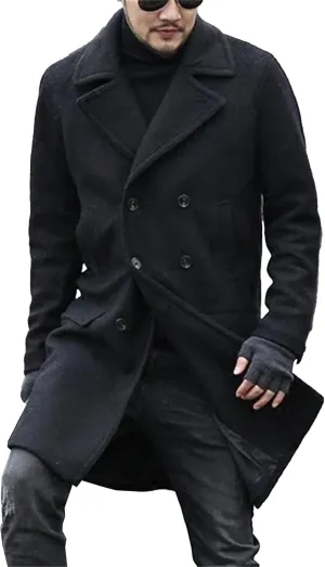 Maiyifu-GJ Long Wool Blend Overcoat for Men Notched Collar Double Breasted Coat Classic Warm Winter Slim Fit Trench Coats