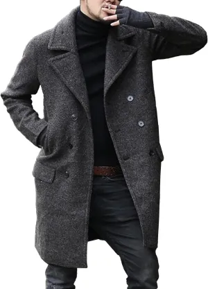Maiyifu-GJ Long Wool Blend Overcoat for Men Notched Collar Double Breasted Coat Classic Warm Winter Slim Fit Trench Coats