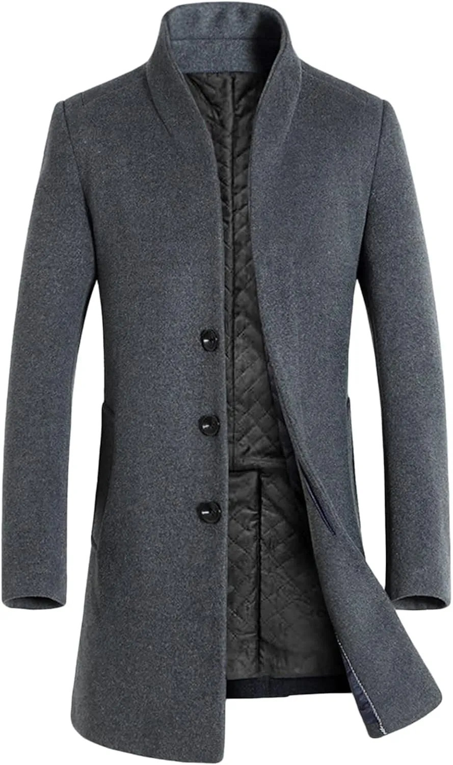 Maiyifu-GJ Mens Casual Mid-Length Trench Coat Single Breasted Slim Business Pea Coats Winter Long Wool Blend Overcoat Jacket