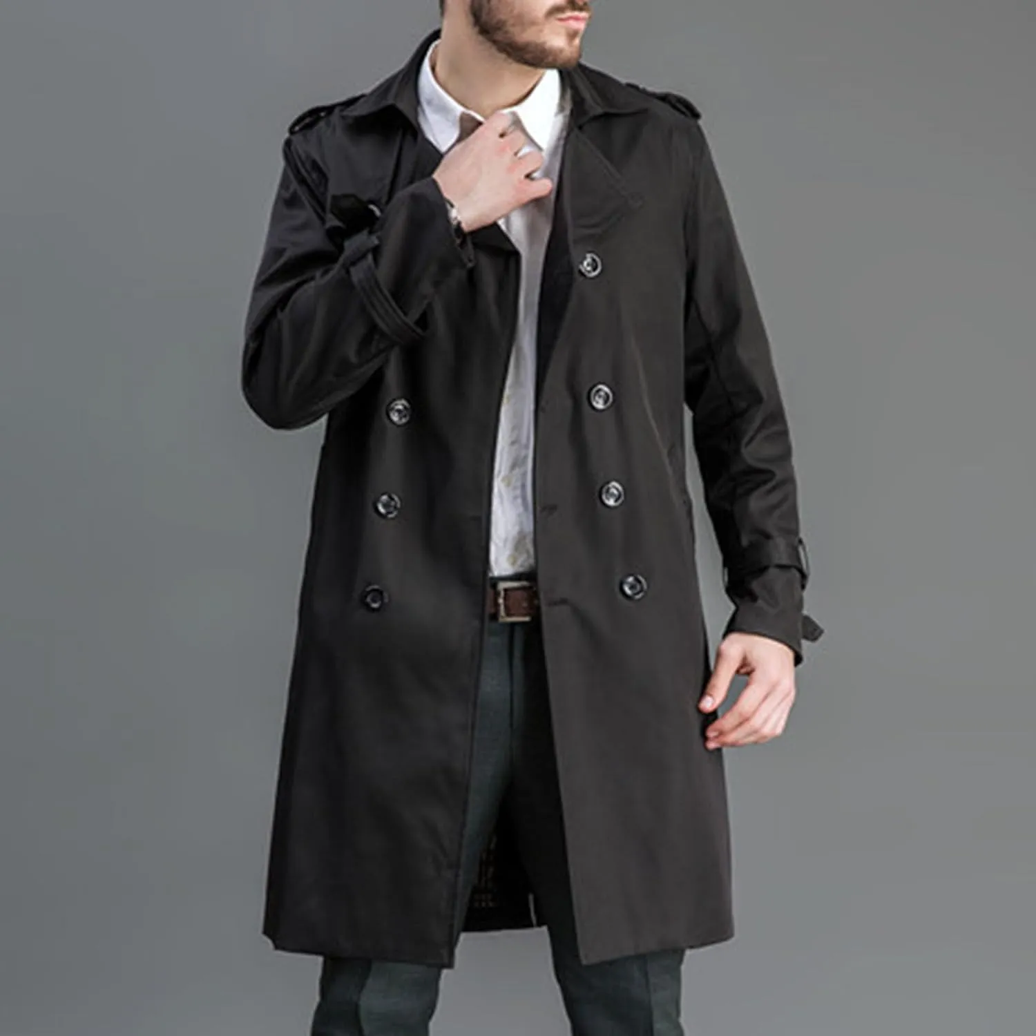 Maiyifu-GJ Men's Double Breasted Trench Coat Casual Mid Long Windproof Overcoat Slim Fit Notched Lapel Belt Windbreaker Coats