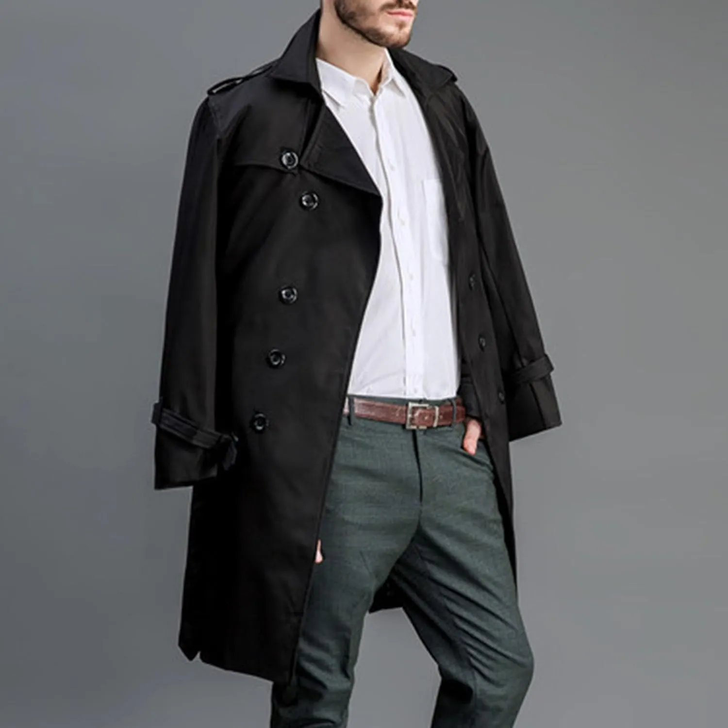 Maiyifu-GJ Men's Double Breasted Trench Coat Casual Mid Long Windproof Overcoat Slim Fit Notched Lapel Belt Windbreaker Coats