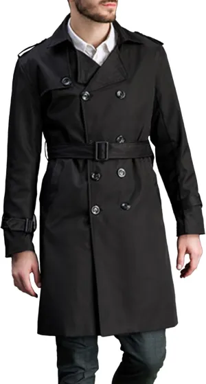 Maiyifu-GJ Men's Double Breasted Trench Coat Casual Mid Long Windproof Overcoat Slim Fit Notched Lapel Belt Windbreaker Coats