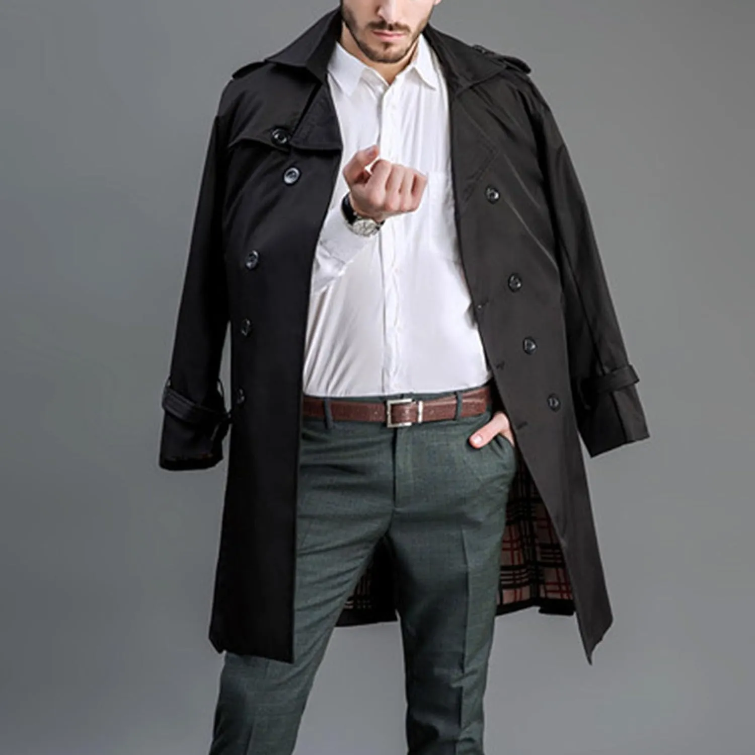 Maiyifu-GJ Men's Double Breasted Trench Coat Casual Mid Long Windproof Overcoat Slim Fit Notched Lapel Belt Windbreaker Coats