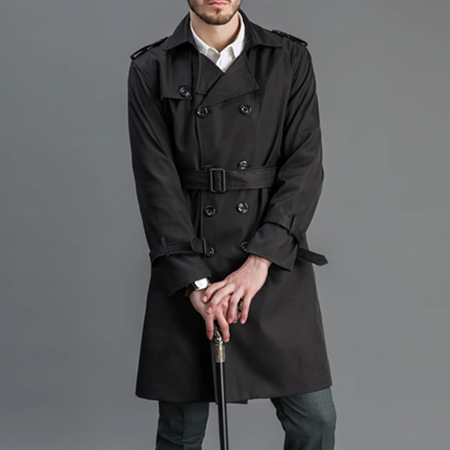 Maiyifu-GJ Men's Double Breasted Trench Coat Casual Mid Long Windproof Overcoat Slim Fit Notched Lapel Belt Windbreaker Coats