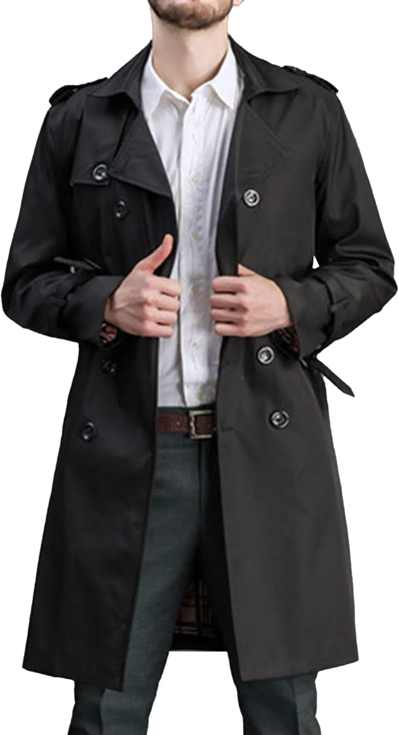 Maiyifu-GJ Men's Double Breasted Trench Coat Casual Mid Long Windproof Overcoat Slim Fit Notched Lapel Belt Windbreaker Coats