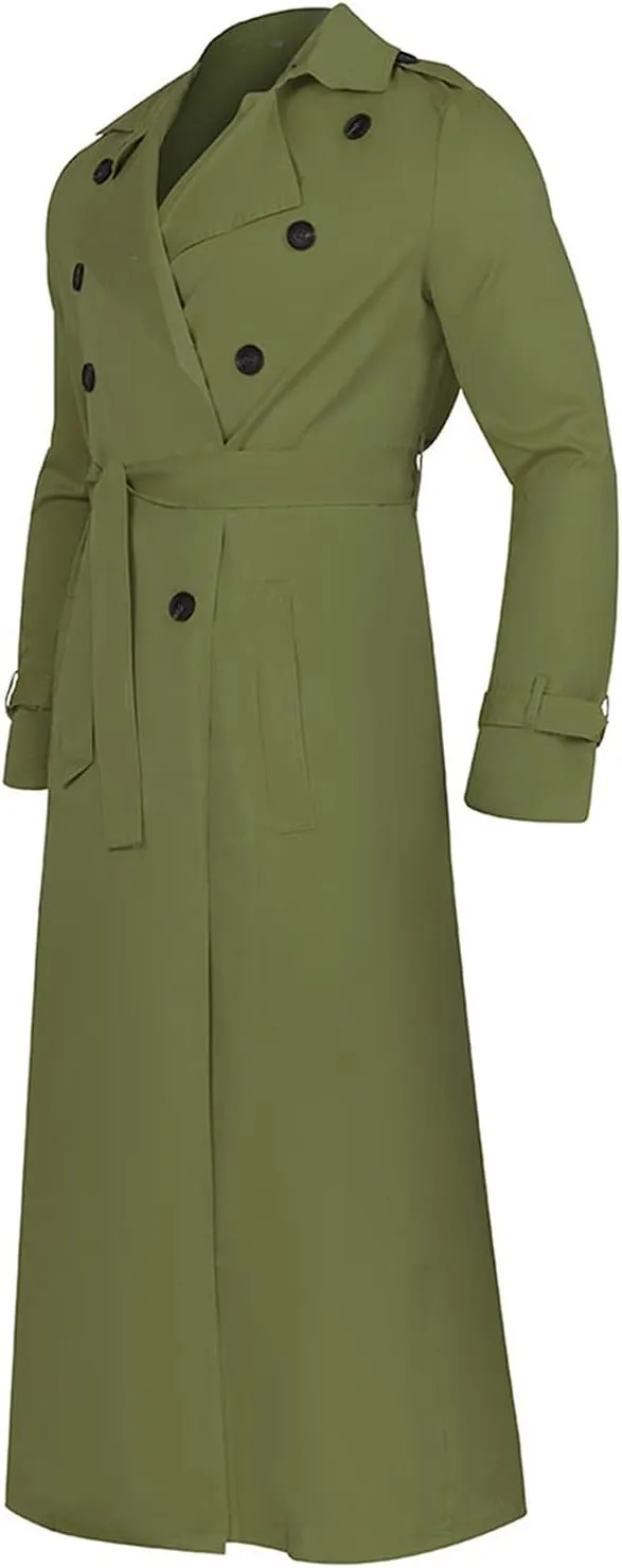 Maiyifu-GJ Mens Lapel Double Breasted Trench Coat Stylish Slim Fit Long Belted Windbreaker Casual Windproof Peacoat Overcoat