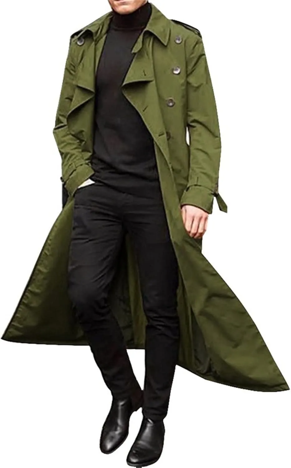 Maiyifu-GJ Mens Lapel Double Breasted Trench Coat Stylish Slim Fit Long Belted Windbreaker Casual Windproof Peacoat Overcoat