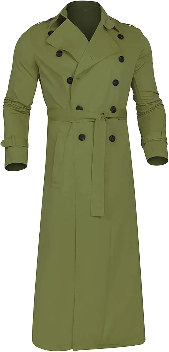 Maiyifu-GJ Mens Lapel Double Breasted Trench Coat Stylish Slim Fit Long Belted Windbreaker Casual Windproof Peacoat Overcoat