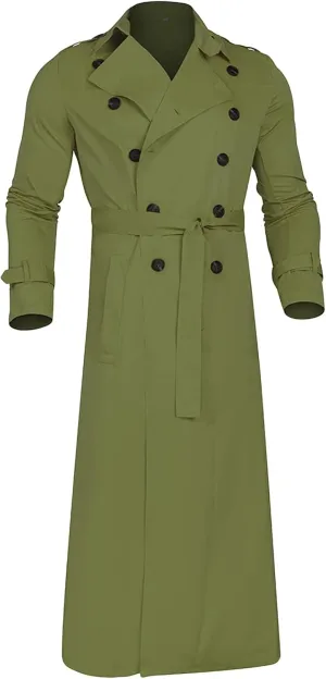 Maiyifu-GJ Mens Lapel Double Breasted Trench Coat Stylish Slim Fit Long Belted Windbreaker Casual Windproof Peacoat Overcoat