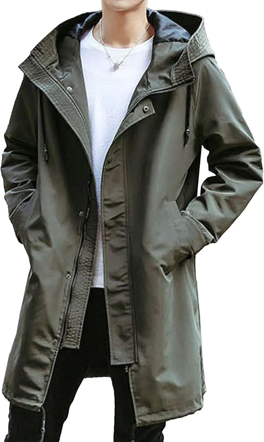 Maiyifu-GJ Men's Windbreaker Hooded Trench Coat Casual Lightweight Windproof Mid Long Overcoat Spring Fall Slim fit Jacket (Army Green 1,3X-Large)