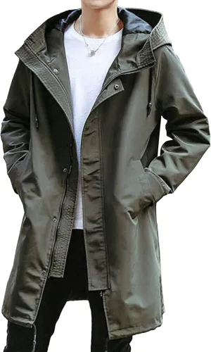 Maiyifu-GJ Men's Windbreaker Hooded Trench Coat Casual Lightweight Windproof Mid Long Overcoat Spring Fall Slim fit Jacket (Army Green 1,3X-Large)