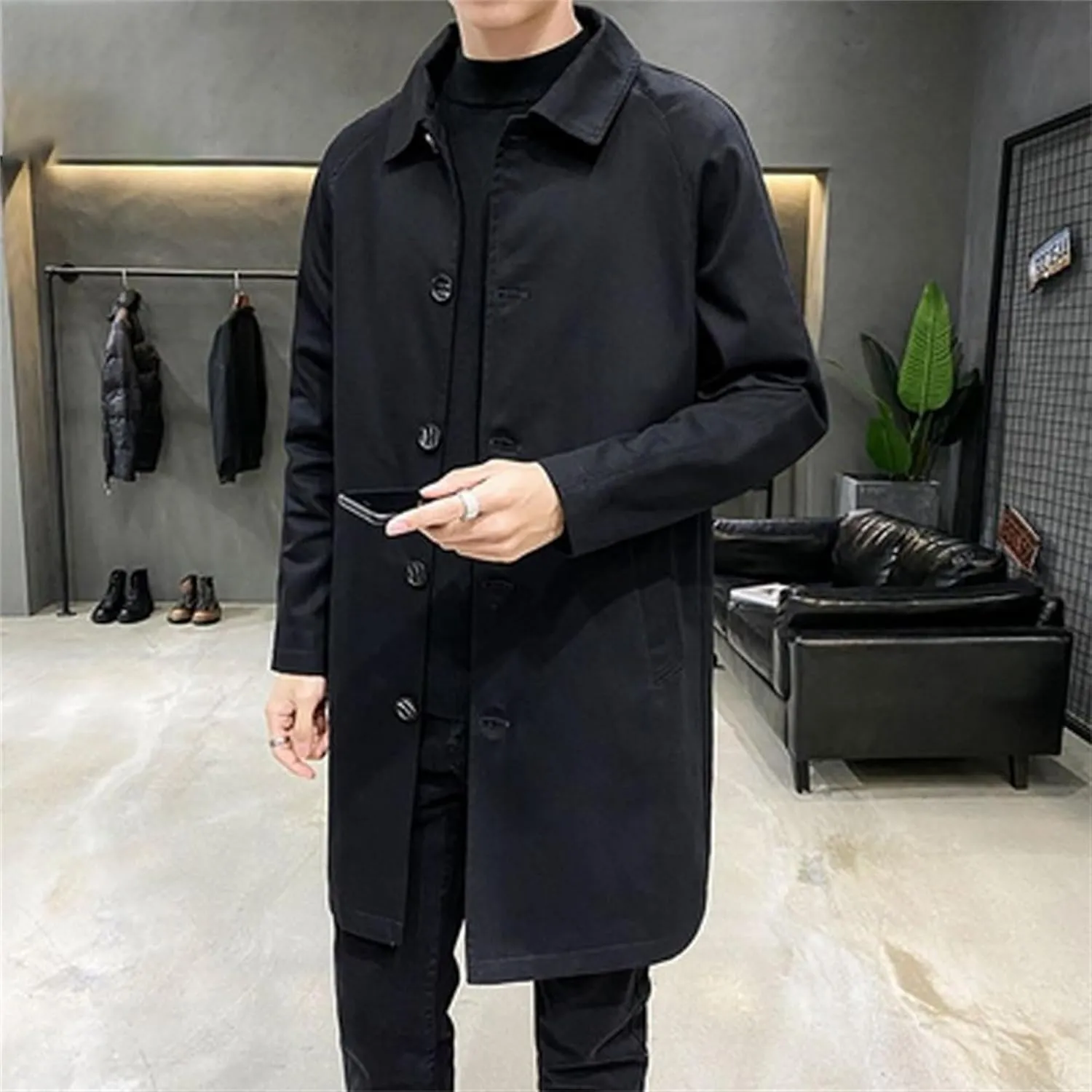 Maiyifu-GJ Mens Windbreaker Lapel Trench Coat Spring Fall Windproof Overcoat Casual Slim fit Single Breasted Long Jacket