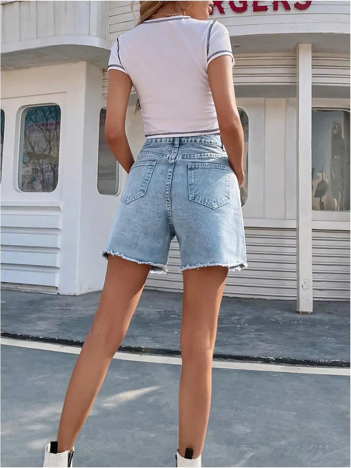 MakeMeChic Women's High Waist Jean Shorts Casual Raw Hem Straight Leg Summer Denim Shorts