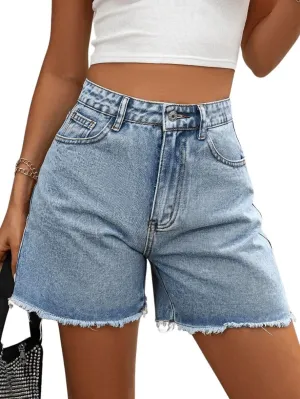 MakeMeChic Women's High Waist Jean Shorts Casual Raw Hem Straight Leg Summer Denim Shorts